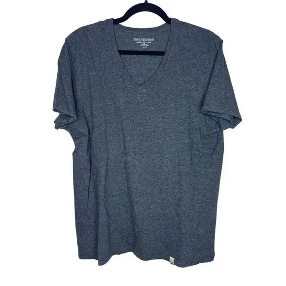True Religion V-Neck T-Shirt Gray XL 100% Cotton Logo Tag Casual Tee