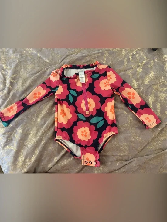 Carter's Navy Floral Zip-Front Long Sleeve One-Piece Swimsuit