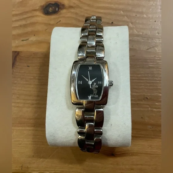Disney: Mickey Mouse black dial ladies bracelet link silver quartz wrist watch.