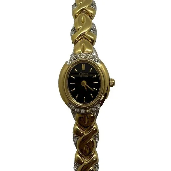 Vtg Caravelle by Bulova Quartz Womens Oval Watch Two Tone Black Face Rhinestones