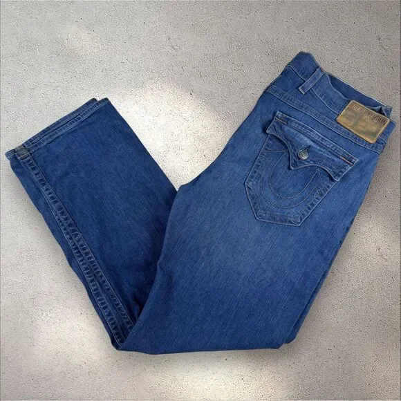 True Religion Jeans 42x32 Blue Ricky Relaxed Straight Dark Denim Flap Pocket Vtg