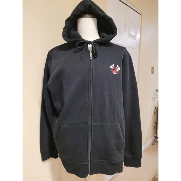 True Religion Script Oval Zip Fleece Hoodie Mens Black Graphic Buddha Size XXL‎