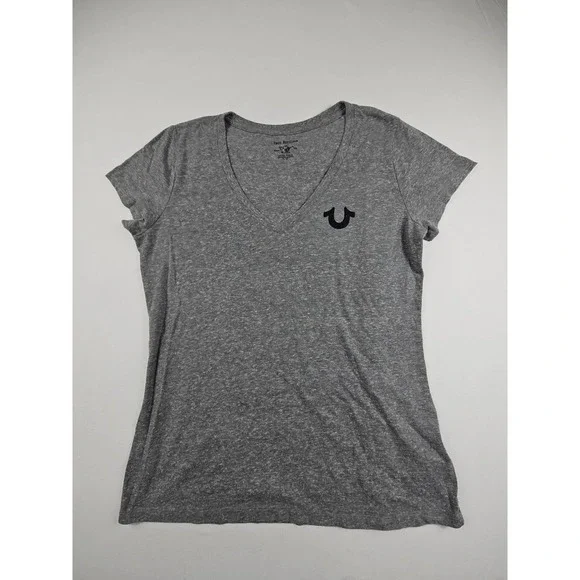 True Religion Womens Gray Short Sleeve Crystal Horseshoe V-neck T-shirt Size XL