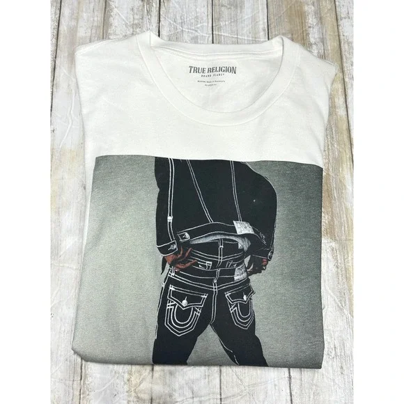 True Religion Mens Graphic T-Shirt White Relaxed Fit Photo Print‎ Medium NEW