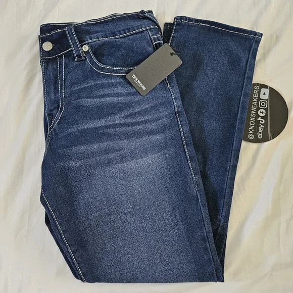 True Religion Geno Relaxed Slim Blue Jeans Big T Flap Slim Medium Lagoon Size 34