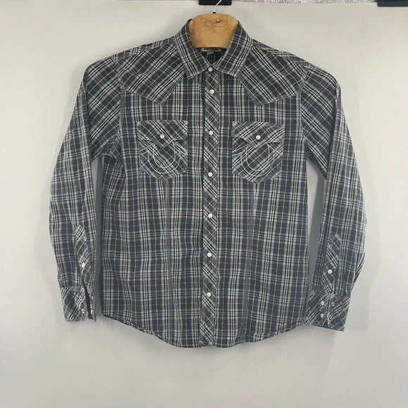 True Religion Pearl Snap Shirt Mens XLarge Blue Plaid Cotton Long Sleeve Western