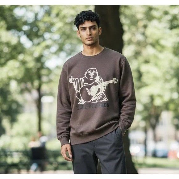 True Religion Buddha Embossed Graphic Brown Unisex Sm Crewneck Sweatshirt 42