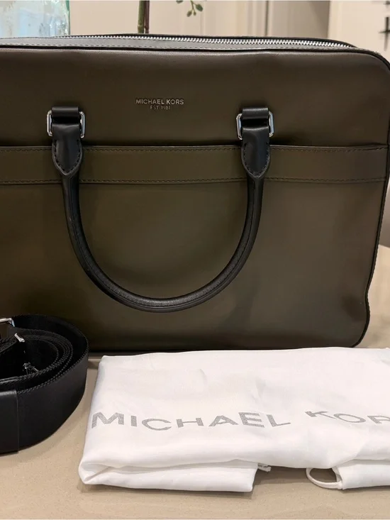Michael Kors Olive and Black Leather Laptop Briefcase