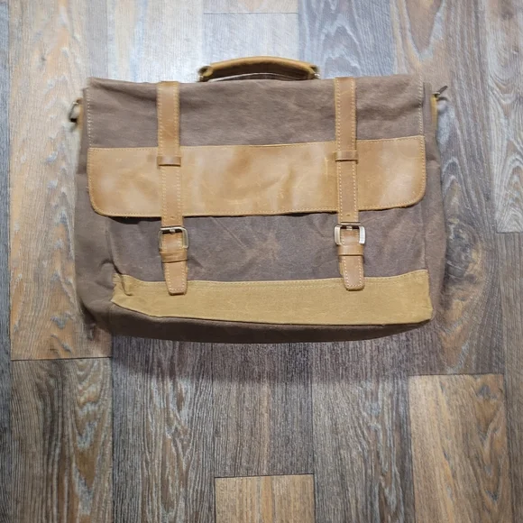 Newhey Mens Messenger Laptop Bag Waterproof Brown Canvas Leather