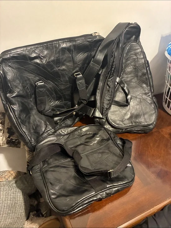 Men's Black Leather Travel and Weekender Bag Set