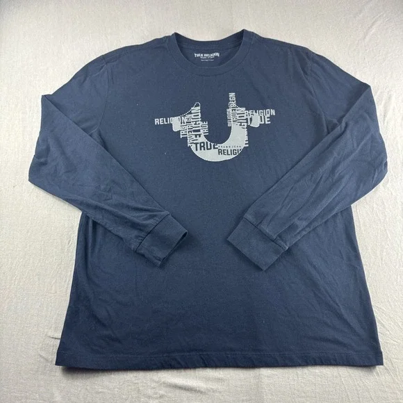 True Religion Shirt Mens S Blue Long Sleeve Crewneck Stacked Logo Casual Preppy