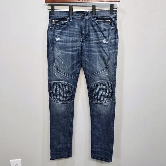 True Religion Geno Relaxed Slim Jean Men 33 Moto Biker Distressed Zipper Pockets