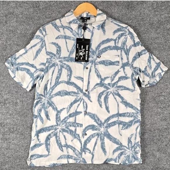 True Religion Men Palm Tree Camp Collar Short‎ Sleeve Button Up Shirt Size Small