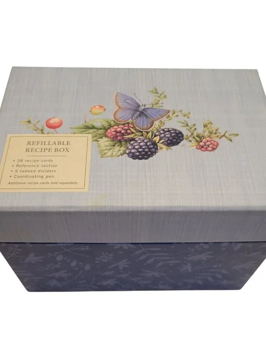 Hallmark Refillable Recipe Box Botanical Butterfly Blue w/ Cards & Dividers