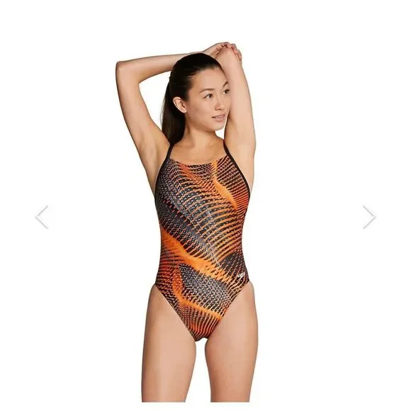 NWT New SPEEDO Coded Riff Flyback Racing Swimsuit Black Orange Print 24 Girl 8