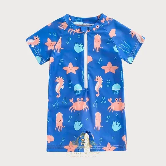 NWT Cute Boys One-Piece Swimsuit Kids Swimwear Boys Beachwear Fishes 6-12M
