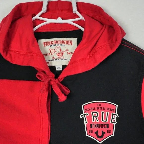 True Religion Mens Black Red Colorblock Short Sleeve Hoodie‎ Popfly PLVR Medium