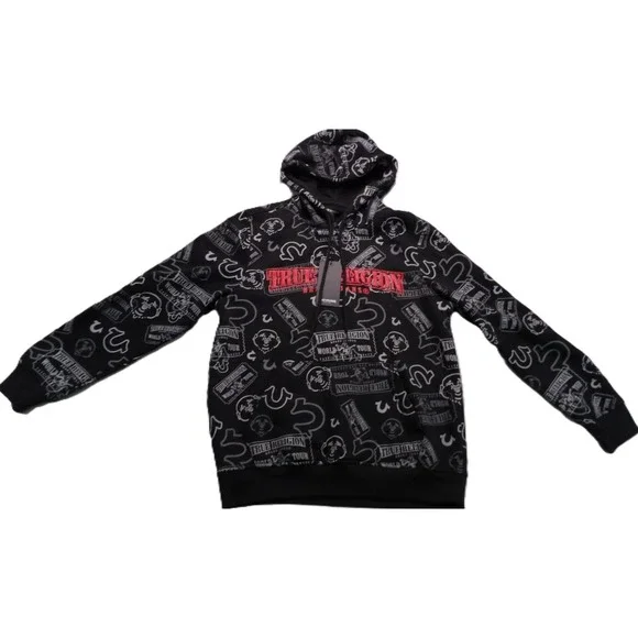 NWT True Religion Ticket Hoodie Men S Black AOP Pullover Graphic Streetwear Logo