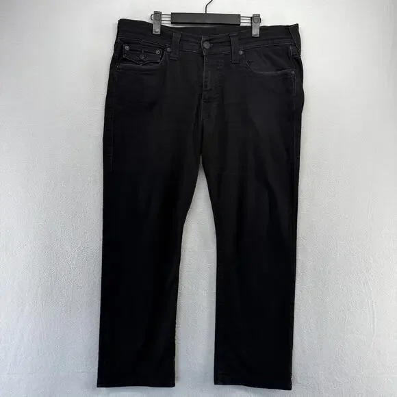True Religion Jeans Mens 36 Black Ricky Relaxed Straight Made In USA Flap Pocket