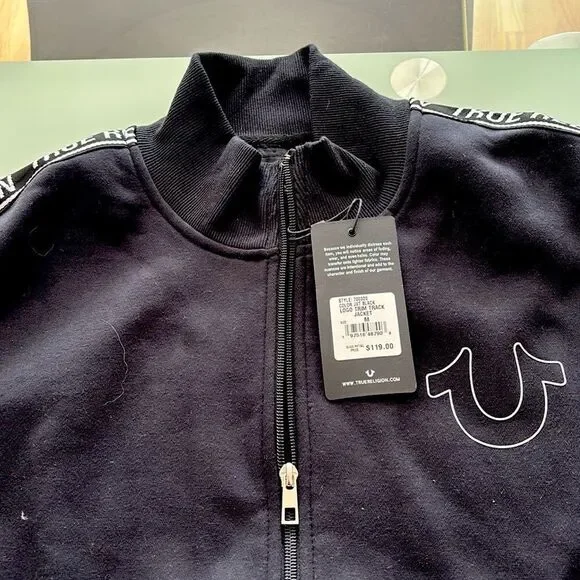 True Religion MWT hoodie jet black medium logo trim track jacket large