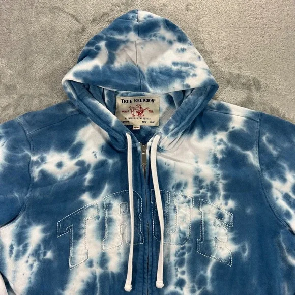 TRUE RELIGION Hoodie Mens 3XL Blue Tie Dye Good Full Zip Applique Grunge Skater