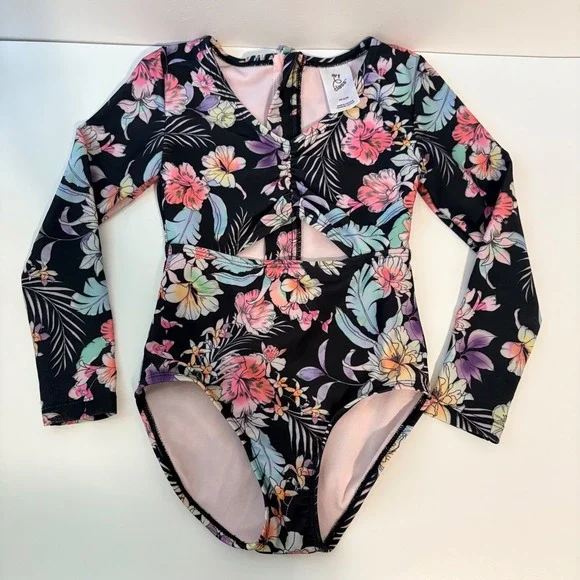 Art Class Swimsuit One Piece Floral Cutout Girls Size XS 4/5 Black Long Sleeved