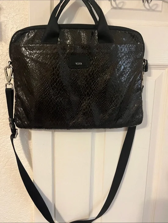 Tumi Black Snakeskin-Texture Laptop Briefcase with Shoulder Strap
