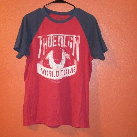 True Religion Shirt Men Medium Red White Blue Travel Vacation Summer Fun Shirt