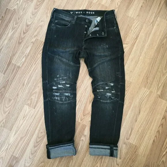 True Religion Jeans Mens 33x31 Black Rocco Relaxed Skinny Button Fly Westbrook