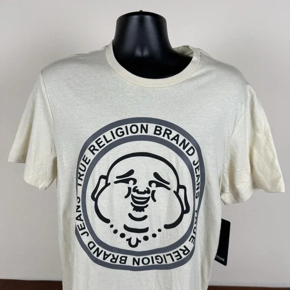 True Religion Buddha Face SS Crew Neck T-Shirt Mens Medium Fog-Beige NWT $59