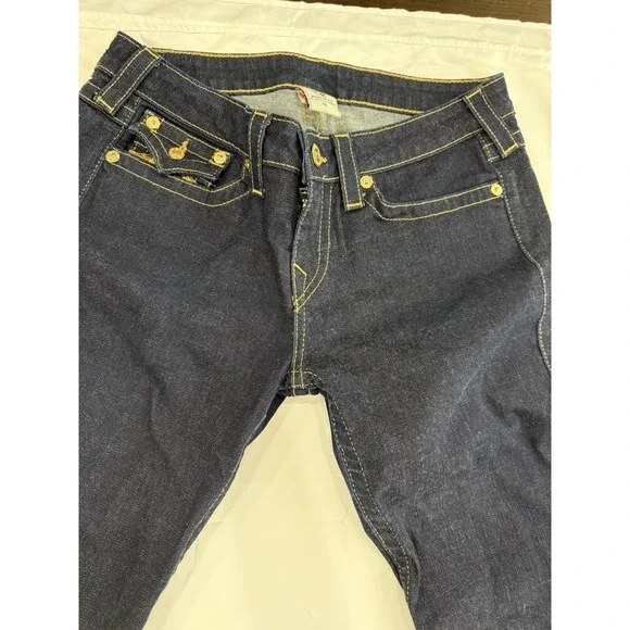 Women's True Religion High-Rise Bootcut Dark Wash Flap Pocket Thick Stitch Sz 32