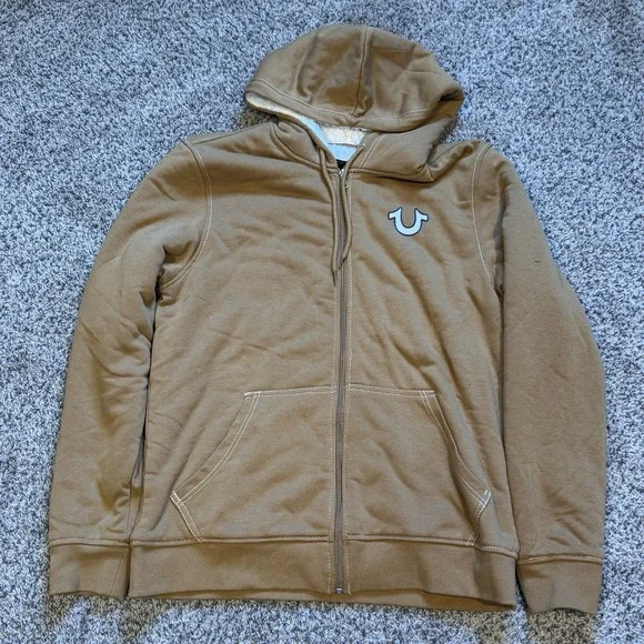 True Religion Mens Buddha Sherpa Full Zip Hoodie Dijohn Tan Sz Medium New