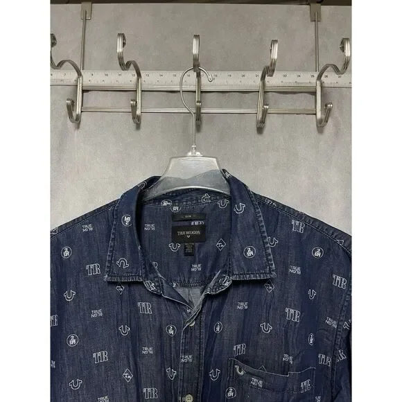 True Religion Shirt Men 3XL Slim Linen Blend Chambray AOP Logo Button Up‎ Mono