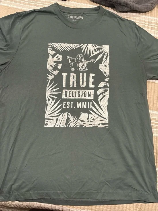 True Religion Men's Olive Green Graphic Logo Tee