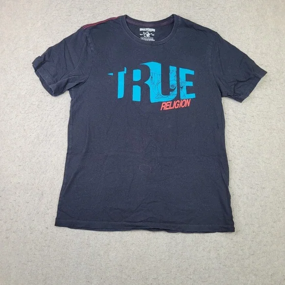 True Religion World Tour T Shirt Mens L Black Short Sleeve Blue Logo Spellout