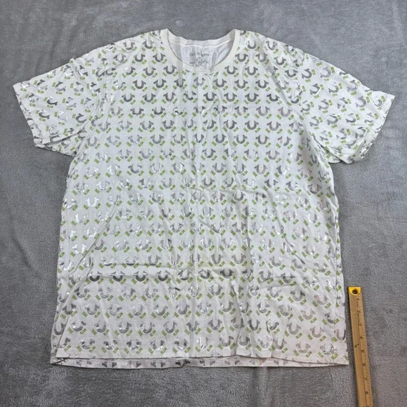 True Religion Shirt Men XXXL All Over Logo Horseshoe Graphic White Silver Green