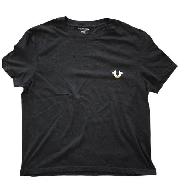 True Religion Mens Black Gold Foil Horseshoe Logo Graphic T-Shirt Large