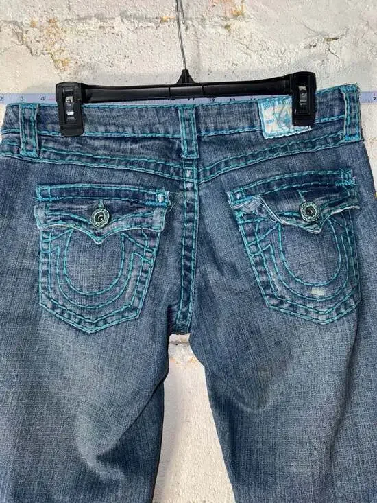 True Religion Billy Super T Teal Contrast Stitching Straight Leg Jeans