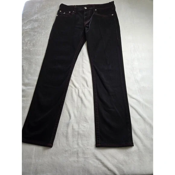 True Religion Ricky Relaxed Straight Black Jeans Red‎ Contrast Stitch Mens 36