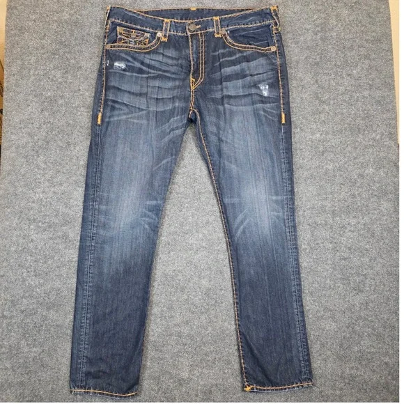 True Religion Geno Jeans Men 42W X 33L Blue Slim Fit Distressed Flap Pocket