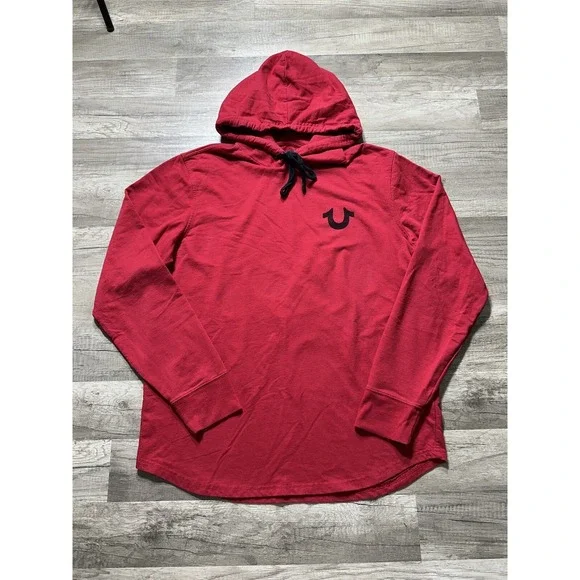 True Religion Mens‎ Size L Long Sleeve Hooded Pullover Shirt Red Lightweight