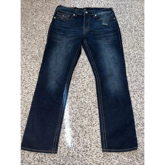 True Religion New Ricky Relaxed Straight Men's‎ Jeans Sz 36x 32 BlueRed Stitch