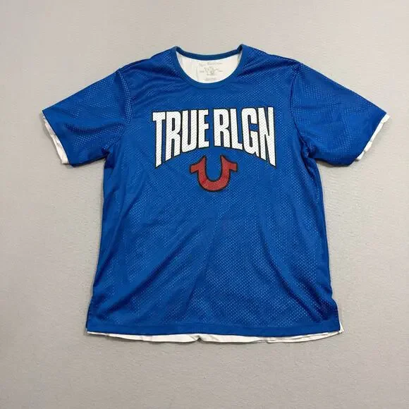 True Religion Mesh Jersey Shirt Men's Large Blue TRUE RLGN Horseshoe Graphic