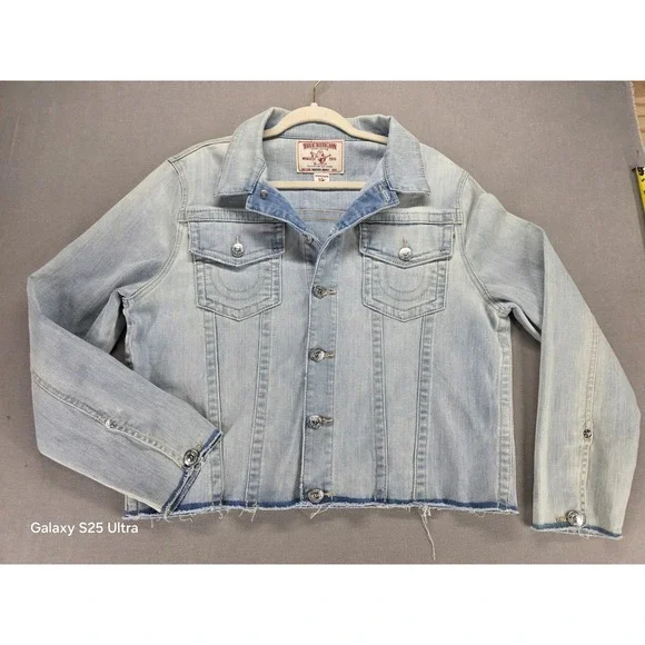 True Religion Mens Trucker Jacket XL Raw Hems Light Wash Streetwear Staple Retro