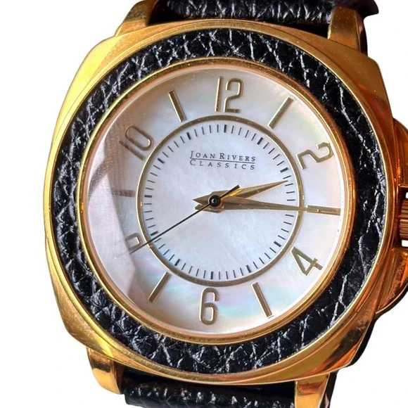 Vintage Joan Rivers Classics‎ Watch Gold Tone Mother of Pearl Dial Black Leather