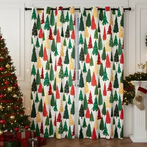 LOSIVISHE Christmas Tree Holiday Curtains Panels 52x63 Multicolor Grommet Xmas