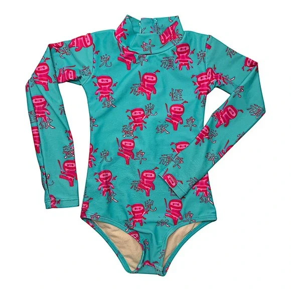 Mott 50‎ Toddler Girls Swimsuit Sz 2 Green Pink One Piece Zip Long Sleeve UPF50