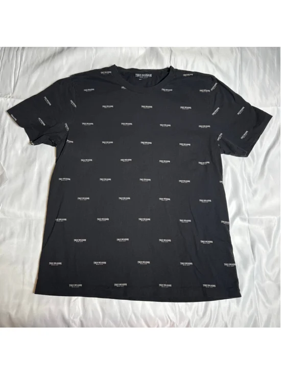 Men's True Religion Black All-Over Logo Short Sleeve Tee XL