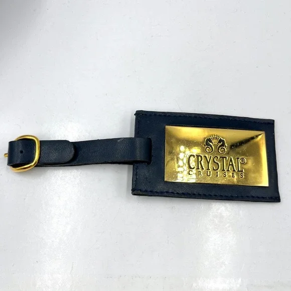 Vintage Crystal Cruises Luxury Luggage Tag Blue Leather Gold Tone Brass Plate‎