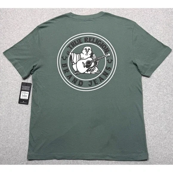 True Religion Shirt Mens Large Green Buddha Logo Seal Short Sleeve Tee *